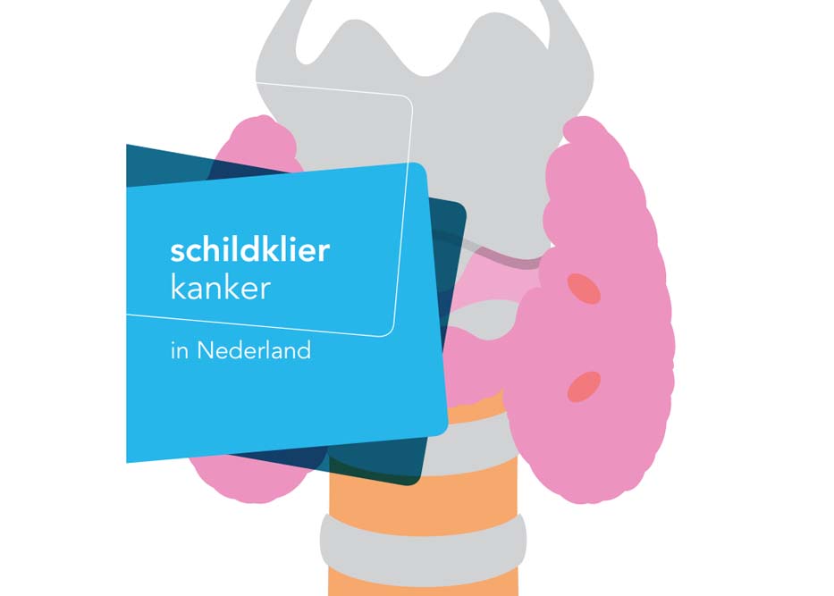 cover van de folder 'Schildklierkanker in Nederland' met een kleurrijke gestyleerde weergave van de schildklier in de hals, met daarover in een blauw blok de titel