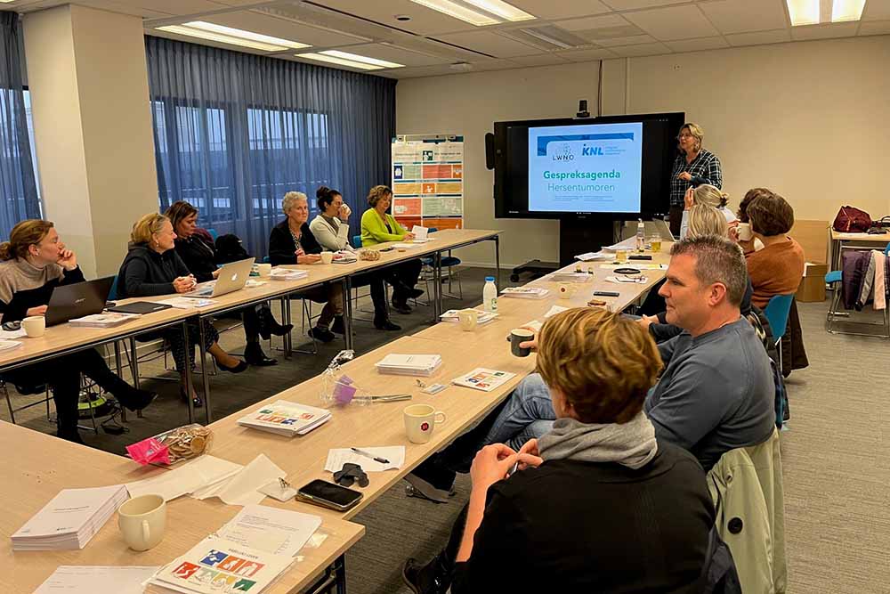 Groep LWNO-v aan tafel met de gespreksagenda op een scherm