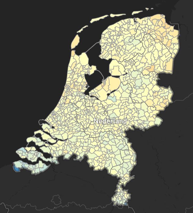Kaart van Nederland met gebieden van eerste 3 cijfers postcode weergegeven in geel